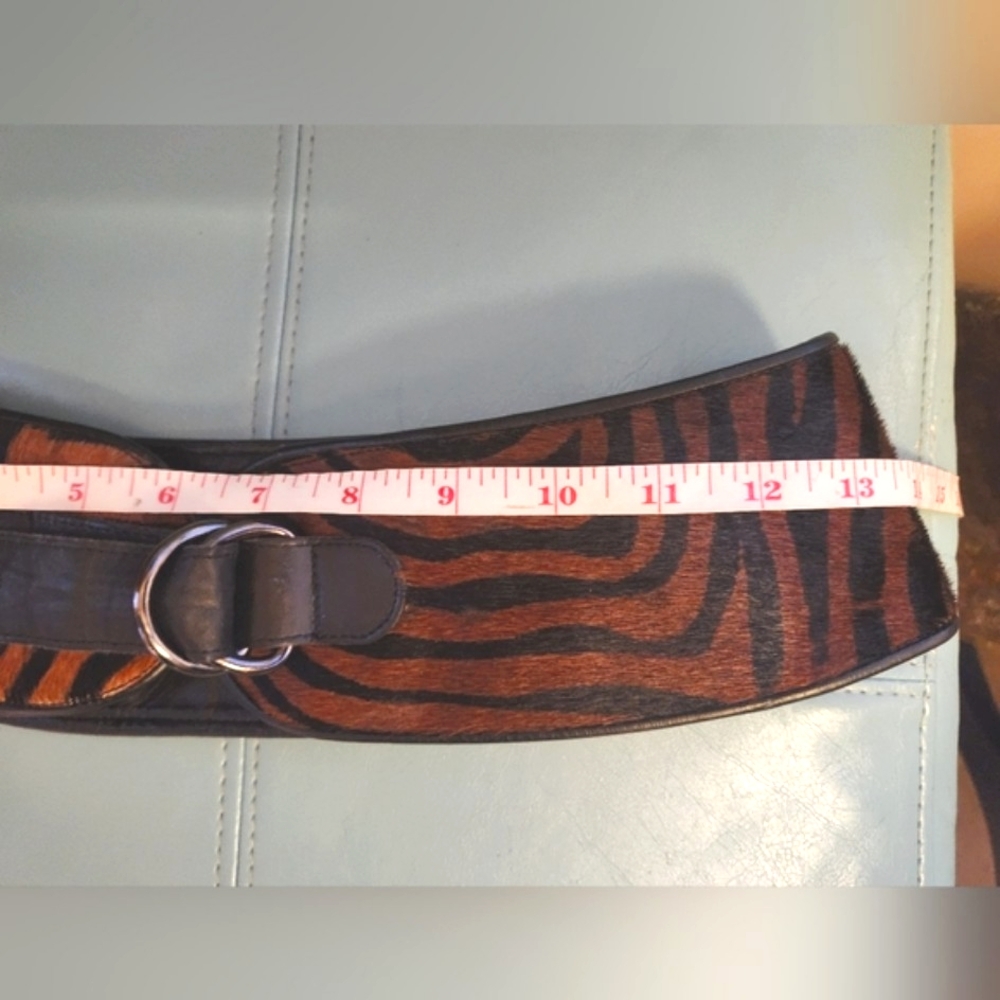 80s YVES SAINT LAURENT Tiger Striped Leather Cowhide Fur Brown Black Wide Belt S - Picture 10 of 16
